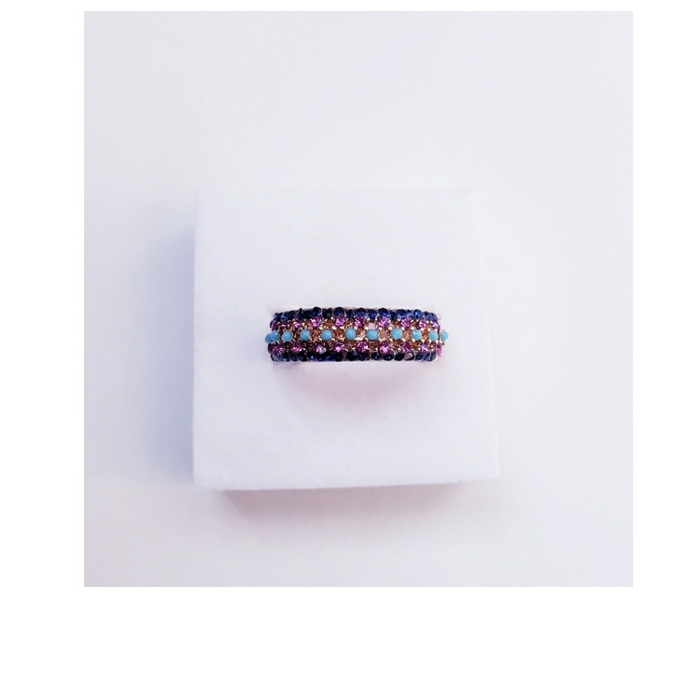 Turquoise Beads, Navy Blue, Pink Rhinestones Gold Tone Ring